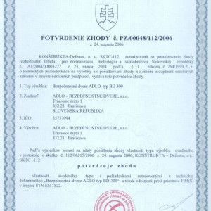 Certifik�t Nepriestrelnosti v triede FB4 pre ADLO bezpe�nostn� dvere W-MAX