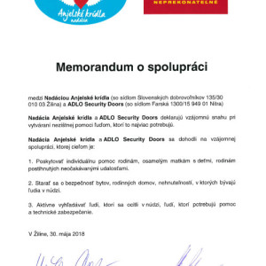 Memorandum o spolupr�ci medzi Nad�ciou Anjelsk� kr�dla a ADLO Security Doors