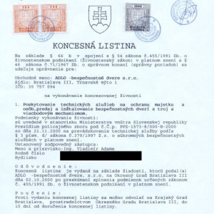 Koncesn� listina firmy ADLO - Bezpe�nostn� dvere s.r.o., opr�v�uj�ca vykon�va� v�robu a mont� bezpe�nostn�ch dver�.