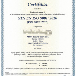 Certifik�t ISO 9001 pre ADLO v�voj, v�robu, predaj, mont� a servis bezpe�nostn�ch a protipo�iarnych dver�, Termo dver�, bytov�ch bezpe�nostn�ch pivn�c, mre�� a uzamykac�ch mechanizmov na okn�
