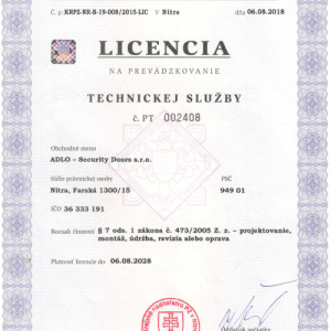 LICENCIA na prev�dzkovanie Technickej slu�by, vydalo Krajsk� Riadite�stvo Policajn�ho zboru pre ADLO Bezpe�nostn� dvere