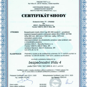Certifik�t Presklen� ADLO bezpe�nostn� dvere, 4.bezpe�nostn� trieda