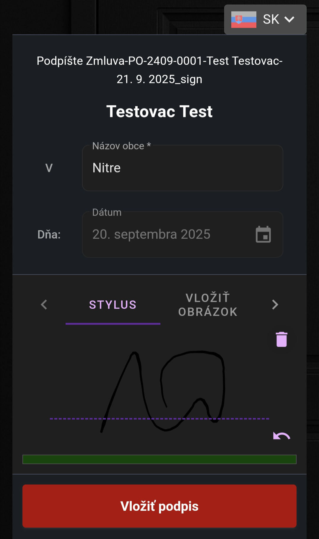 Vber spsobu podpisovanie na telefne - scan obrazovky